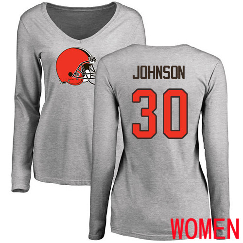 Cleveland Browns D Ernest Johnson Women Ash Jersey #30 NFL Football Name and Number Logo Long Sleeve T Shirt
